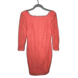 Adrianna Papell Women's Coral Lace Overlay 3/4 Sleeve Sheath Dress Size 4